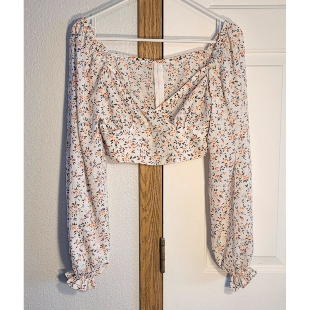 SHEIN Floral Crop Top Size S (4) Long Sleeve Blouse Ruffle Cuff Boho Festival